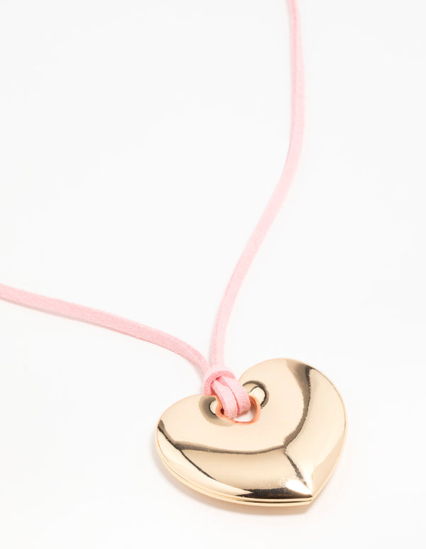 Gold Puffy Heart Pendant Pink Cord Necklace