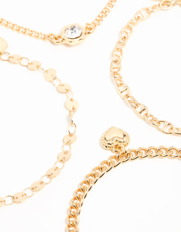 Gold Diamante & Chain Heart Bracelets 4-Pack
