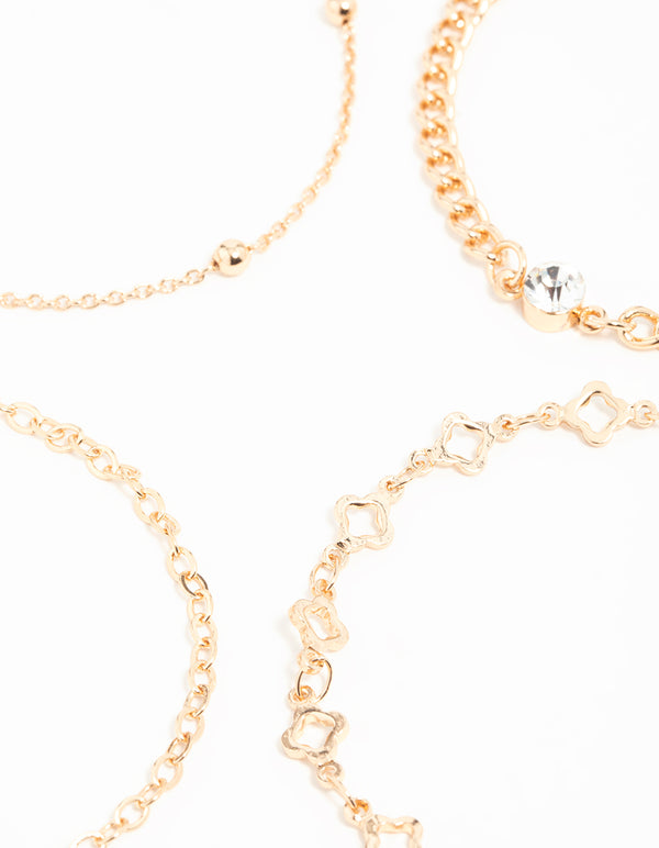 Gold Diamante Flower Bracelets 4-Pack