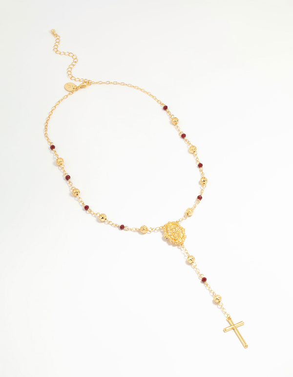 Gold Plated Rose Beaded Locket Cross Y-Necklace