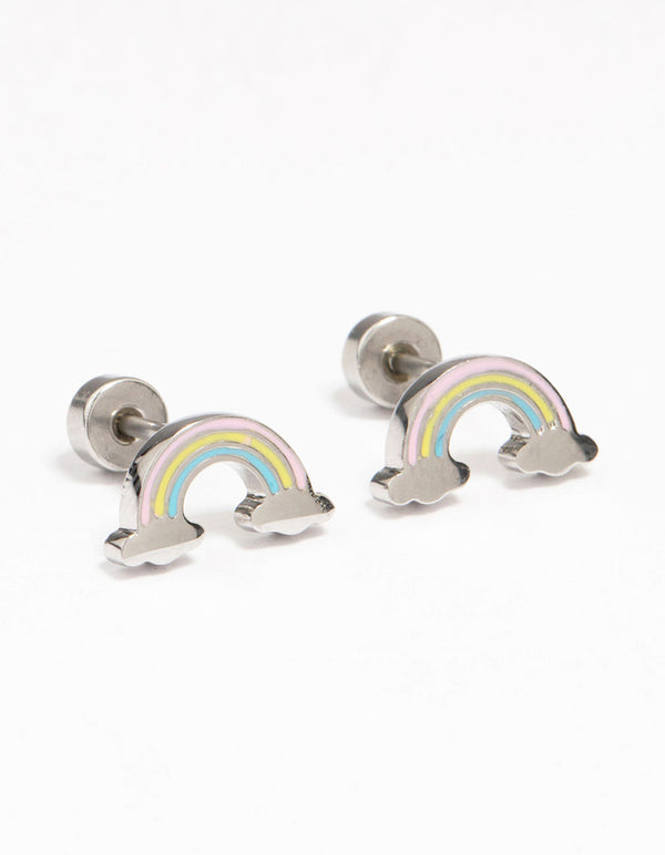 Kids Surgical Steel Rainbow Flat Back Earrings