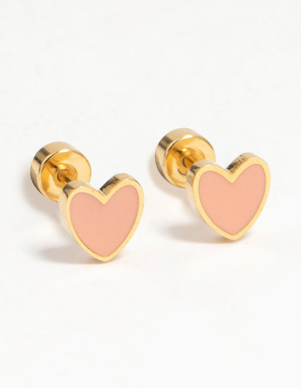 Kids Gold Plated Surgical Steel Heart Flat Back Earrings