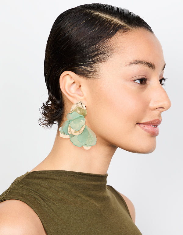 Gold Green Fabric Flower Drop Earrings