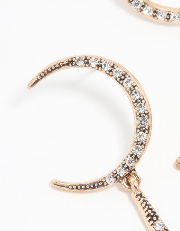 Antique Gold Diamante Celestial Large Drop Earrings