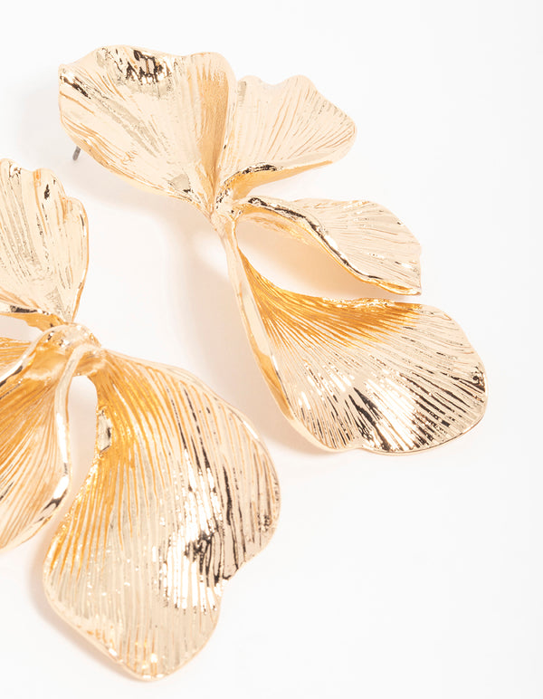 Gold Etched Large Leaf Drop Earrings