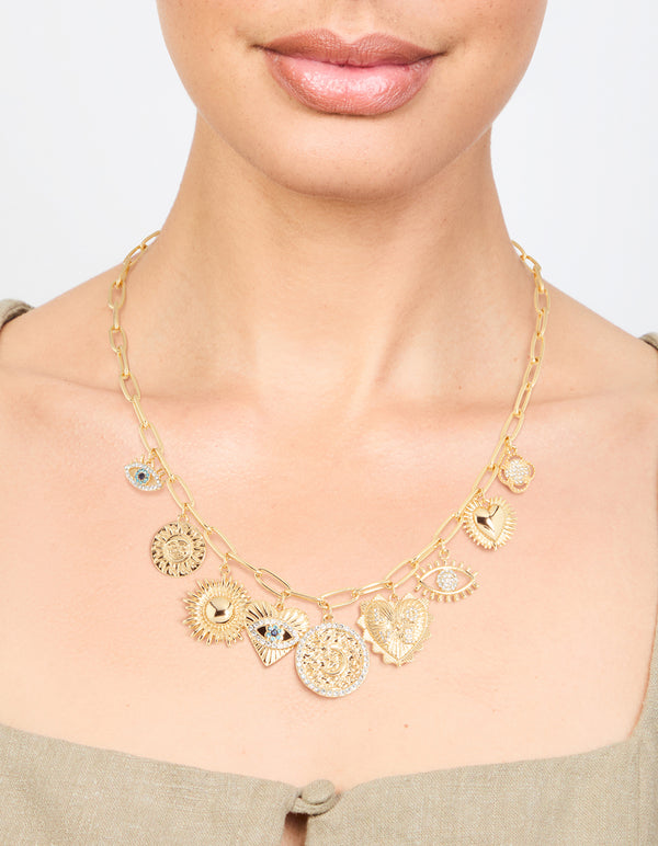 Gold Plated Evil Eye & Sun Charm Pendant Necklace
