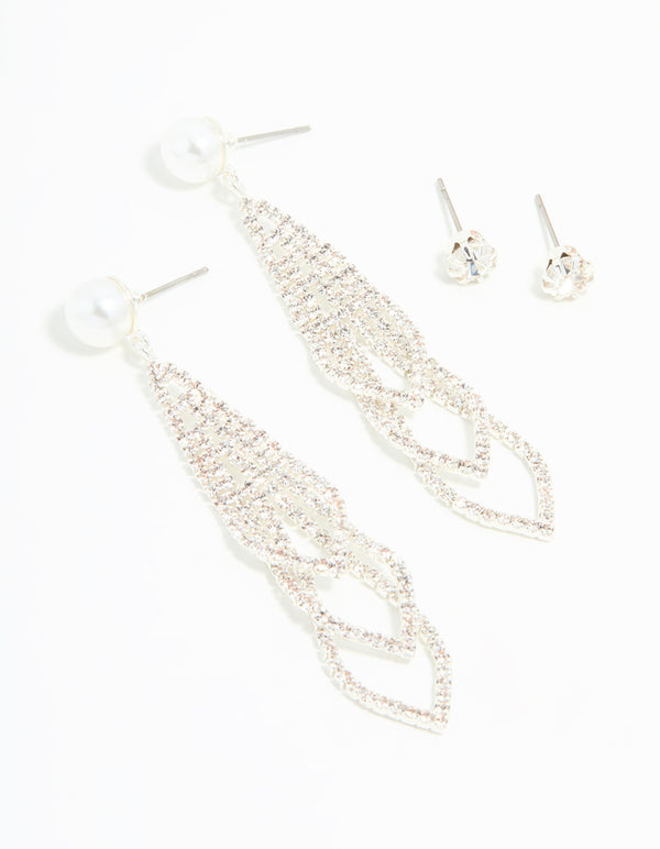 Silver Pearl Triangular Layered Earrings 2-Pack