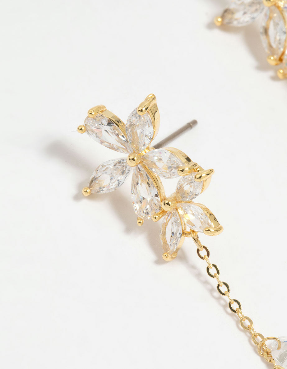 Gold Plated Cubic Zirconia Flower Chain Drop Earrings