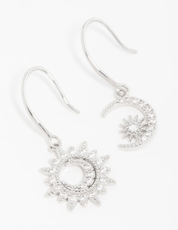 Silver Cubic Zirconia Moon & Sun Drop Earrings