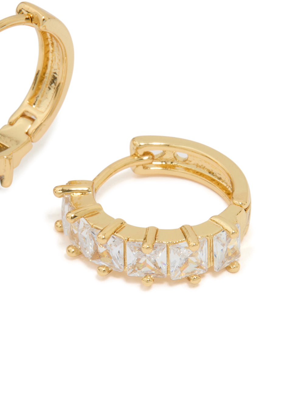 Gold Plated Brass Cubic Zirconia Baguette Medium Huggie Earrings