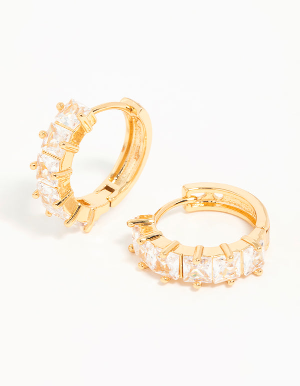 Gold Plated Brass Cubic Zirconia Baguette Medium Huggie Earrings