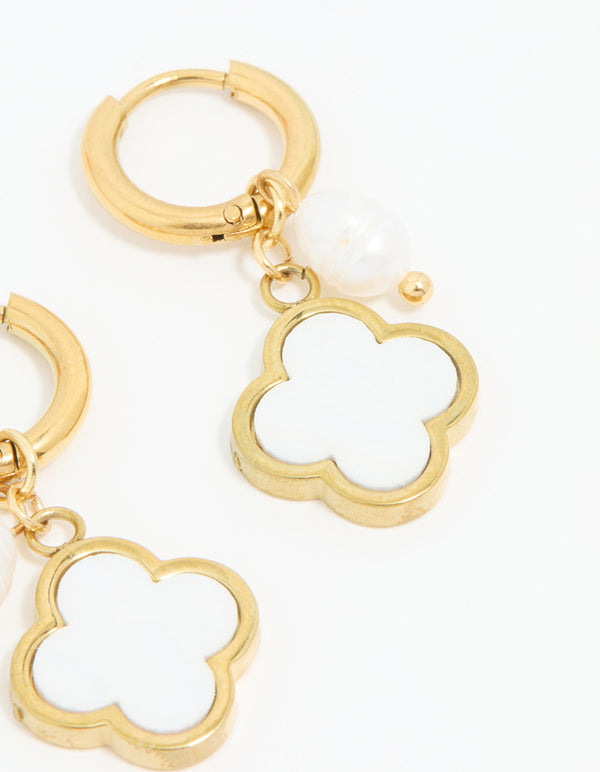 Waterproof Gold Plated Stainless Steel Pearl & Flower Hoop Earrings