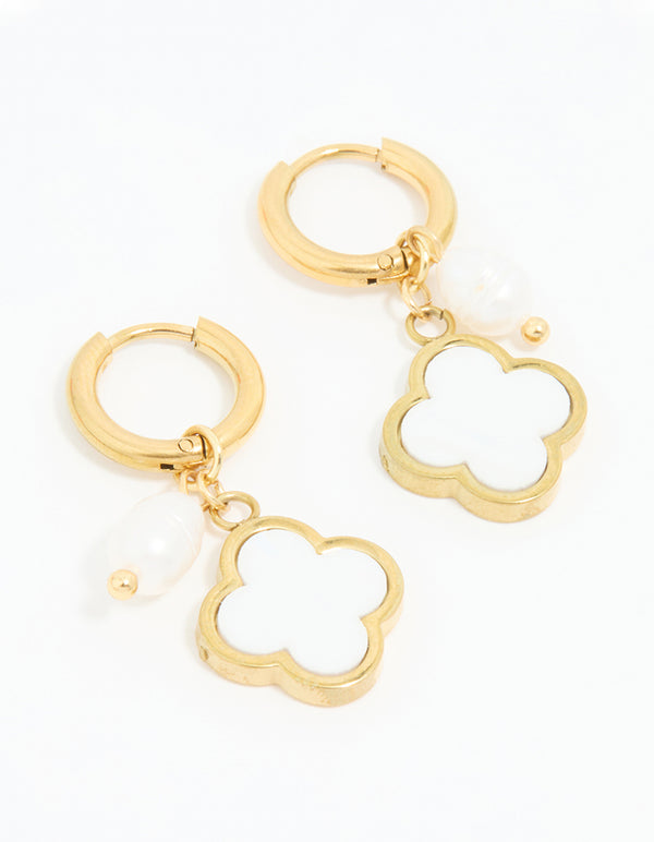 Waterproof Gold Plated Stainless Steel Pearl & Flower Hoop Earrings