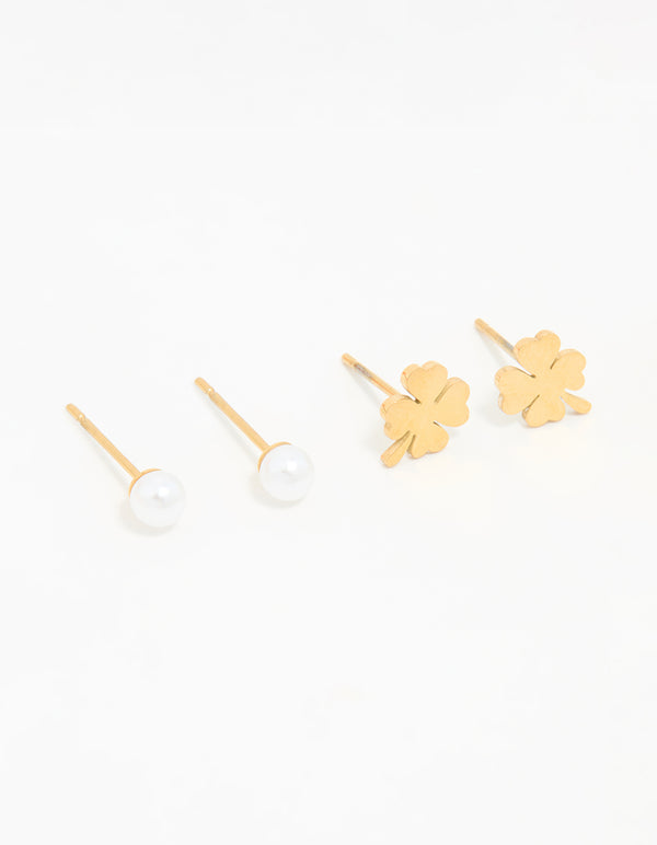 Waterproof Gold Plated Stainless Steel Clean Clover Stud Earrings 3-Pack