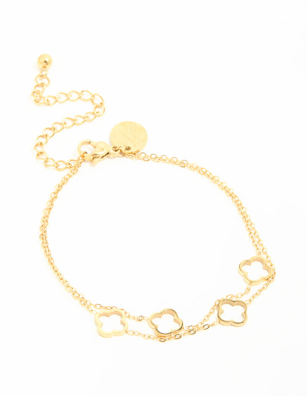 Waterproof Gold Plated Stainless Steel Hollow Flower Layered Bracelet