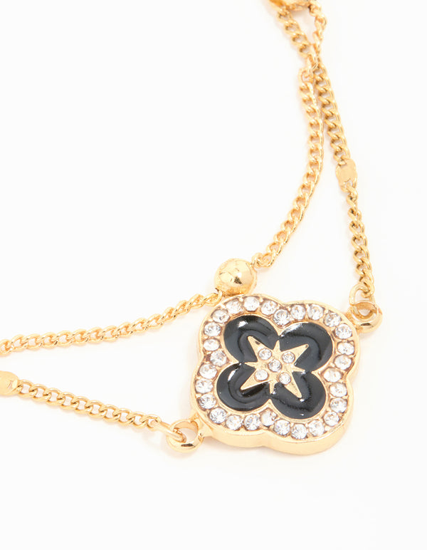 Waterproof Gold Plated Stainless Steel Black Enamel Flower Layered Bracelet