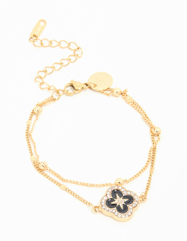 Waterproof Gold Plated Stainless Steel Black Enamel Flower Layered Bracelet