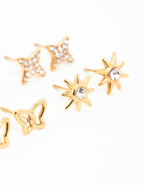 Waterproof Gold Plated Stainless Steel Cubic Zirconia Butterfly Stud Earrings 6-Pack