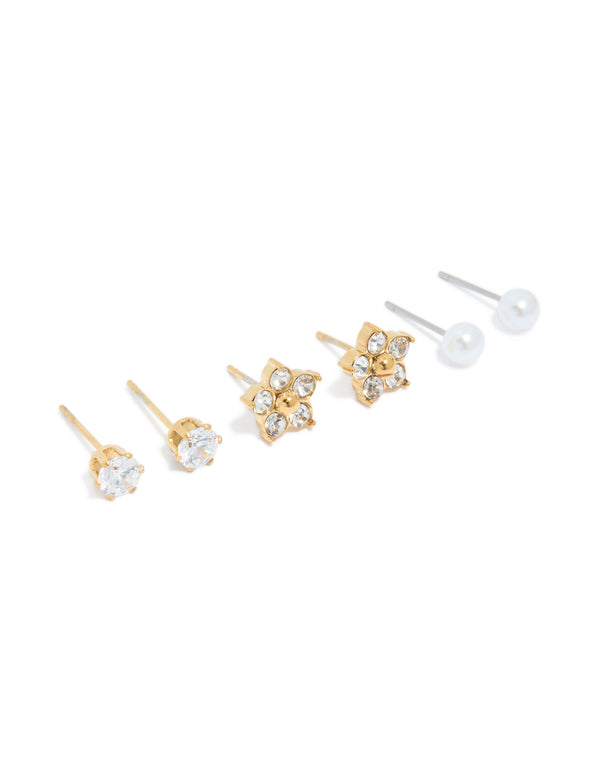 Elegantly crafted waterproof gold plated stainless steel pearl and stud earrings 3-pack with floral front view