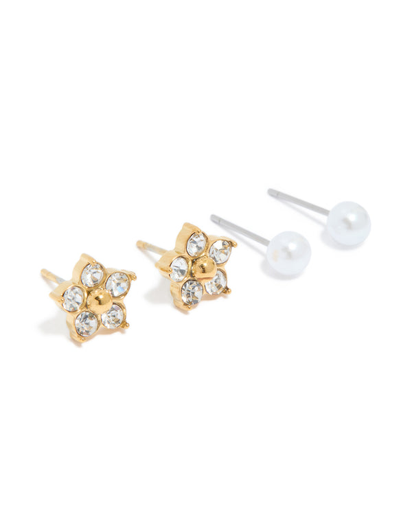 Elegantly crafted waterproof gold plated stainless steel pearl and stud earrings 3-pack with floral front view
