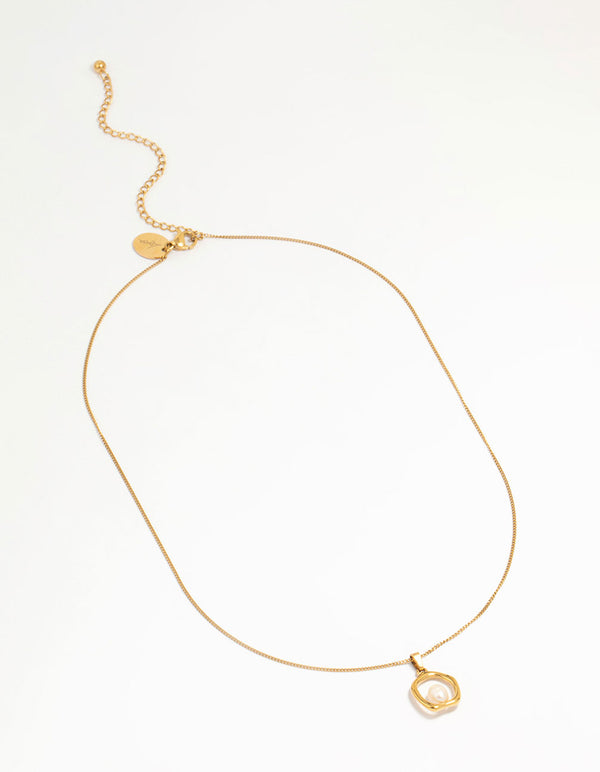 Waterproof Gold Plated Stainless Steel Freshwater Pearl Molten Hoop Pendant Necklace