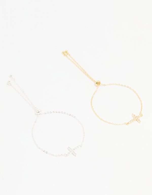 Mixed Metal Cubic Zirconia Cross Toggle Bracelets 2-Pack