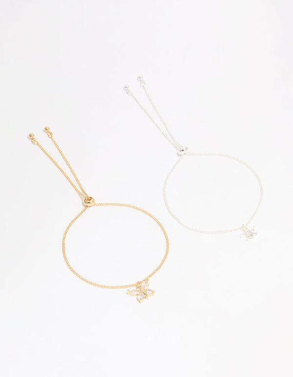 Mixed Metal Cubic Zirconia Butterfly Link Toggle Bracelets 2-Pack