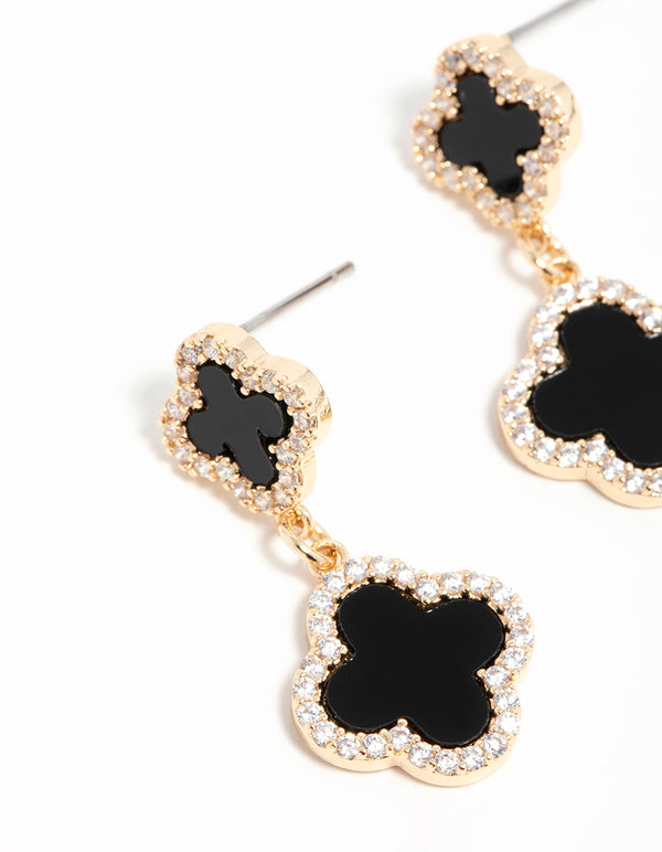 Gold Cubic Zirconia Black Flower Drop Earrings
