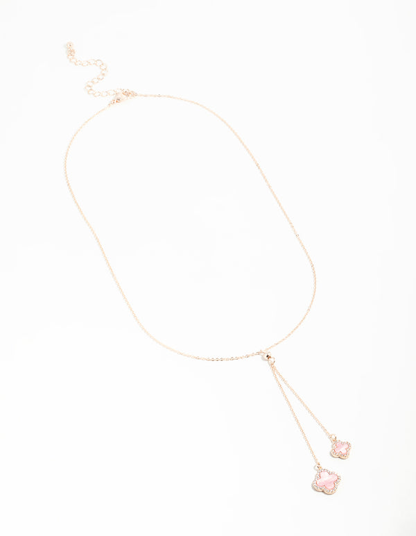 Rose Gold Cubic Zirconia Pink Flower Y-Necklace