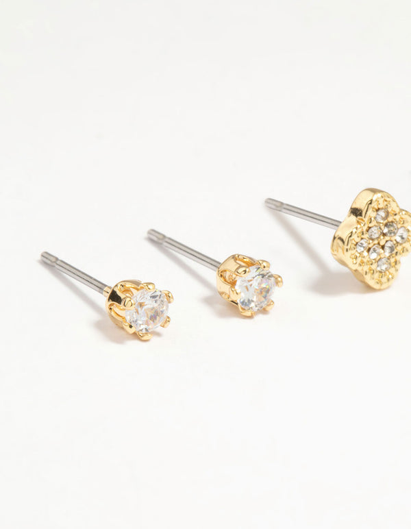 Gold Plated Brass Cubic Zirconia Flower Stud & Huggie Earrings 4-Pack