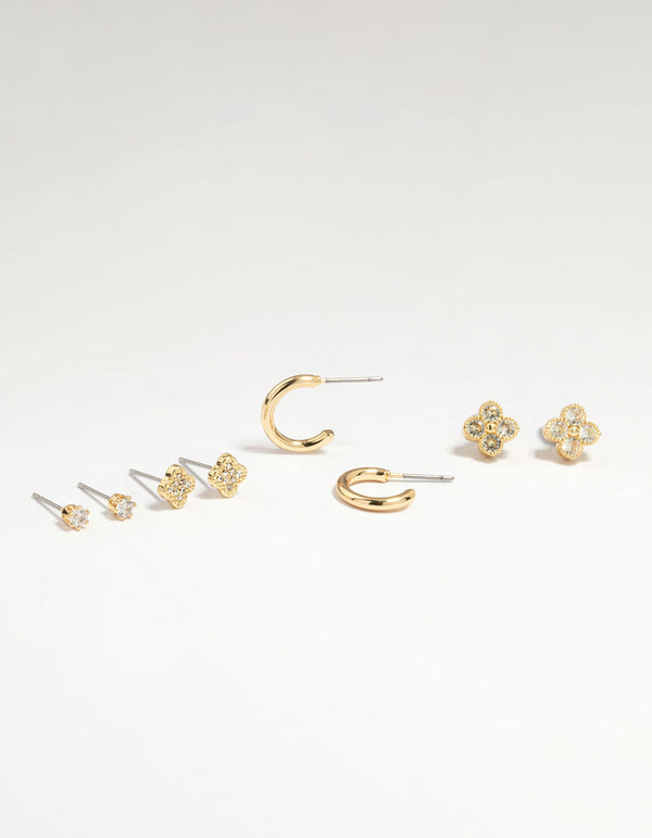 Gold Plated Brass Cubic Zirconia Flower Stud & Huggie Earrings 4-Pack