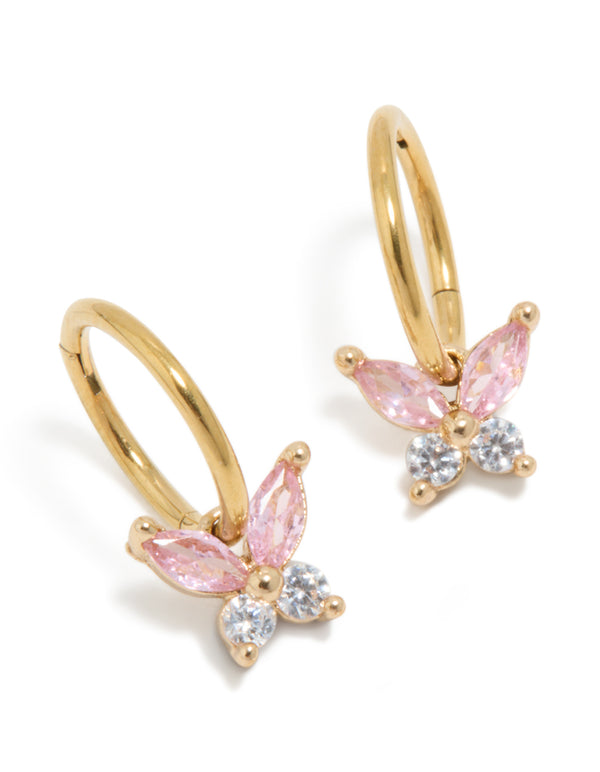 Beautifully crafted gold plated surgical steel butterfly sleeper earrings featuring pink cubic zirconia front view