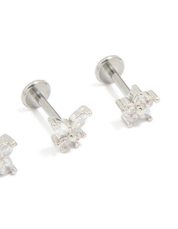 Designed with surgical steel and cubic zirconia, these floral, butterfly flat back studs in a 3-pack showcase silver and white tones post detail view