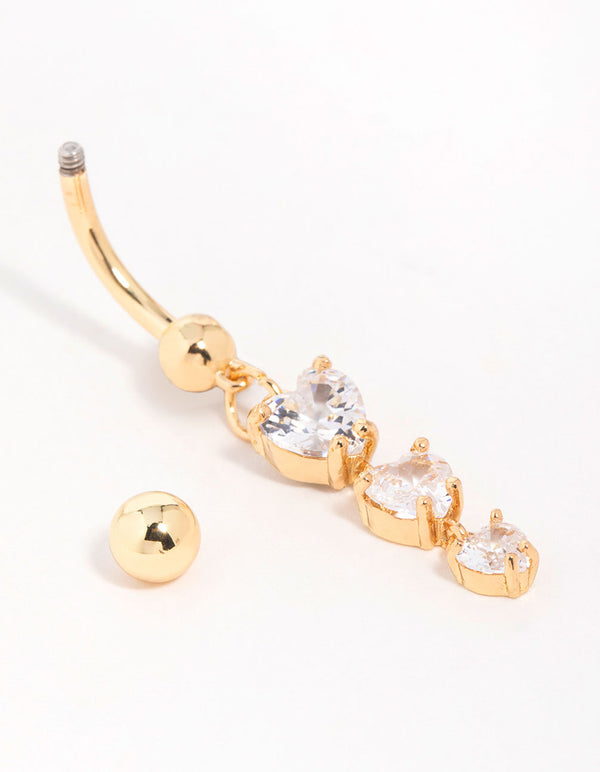 Gold Plated Surgical Steel Cubic Zirconia Triple Heart Belly Bar