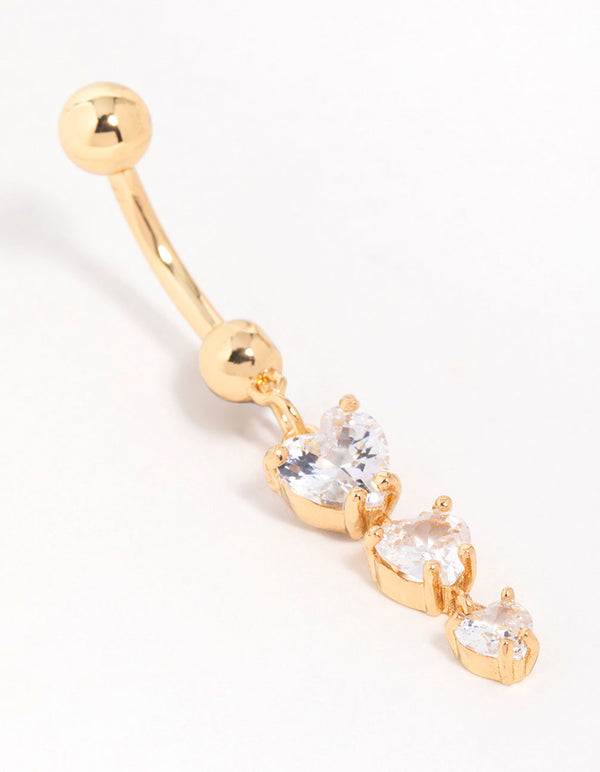 Gold Plated Surgical Steel Cubic Zirconia Triple Heart Belly Bar