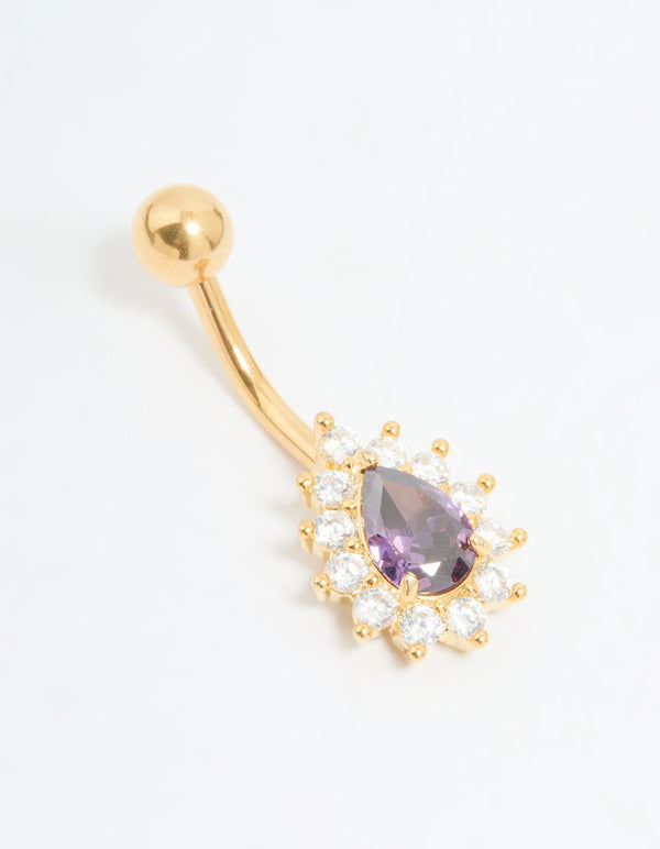 Gold Plated Surgical Steel Purple Cubic Zirconia Teardrop Belly Bar