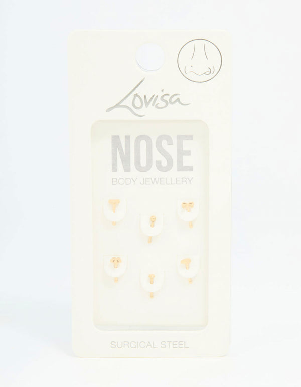 Gold Plated Surgical Steel Heart, Bow & Flower Nose Stud 6-Pack