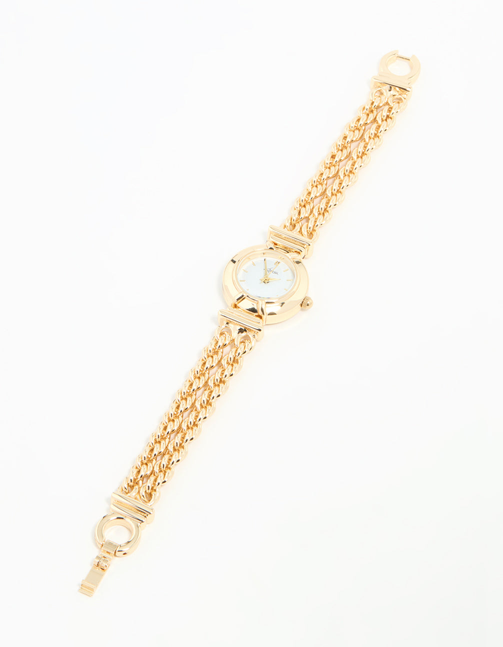 Sophisticated gold round chain watch bracelet featuring white dial, link band, analog type, designed for women, formal occasions, statement style front view
