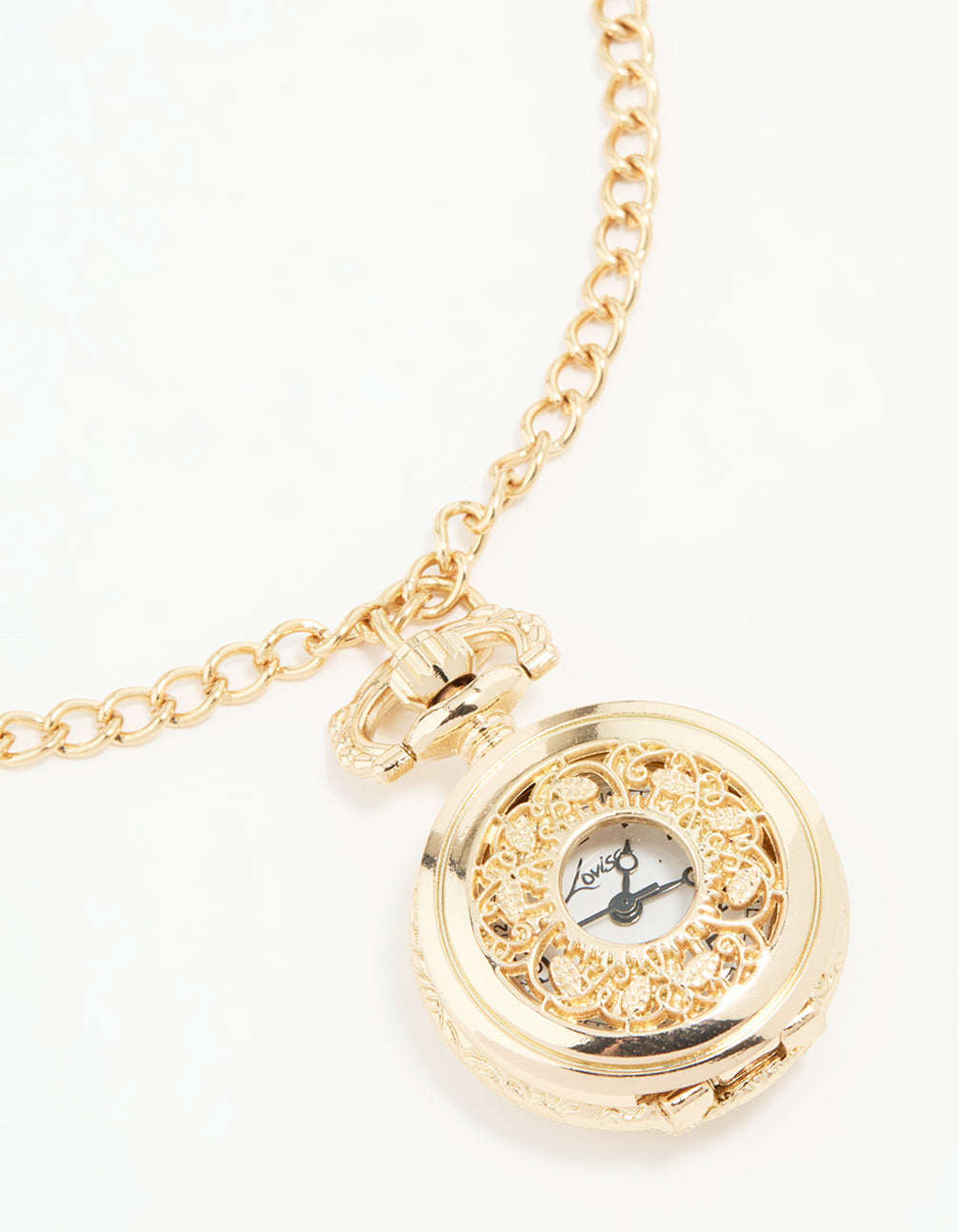 Beautifully designed gold vintage pocket watch necklace for women featuring white dial, round shape, numbers, analog display, casual look, statement style and pendant feature watch face detail view