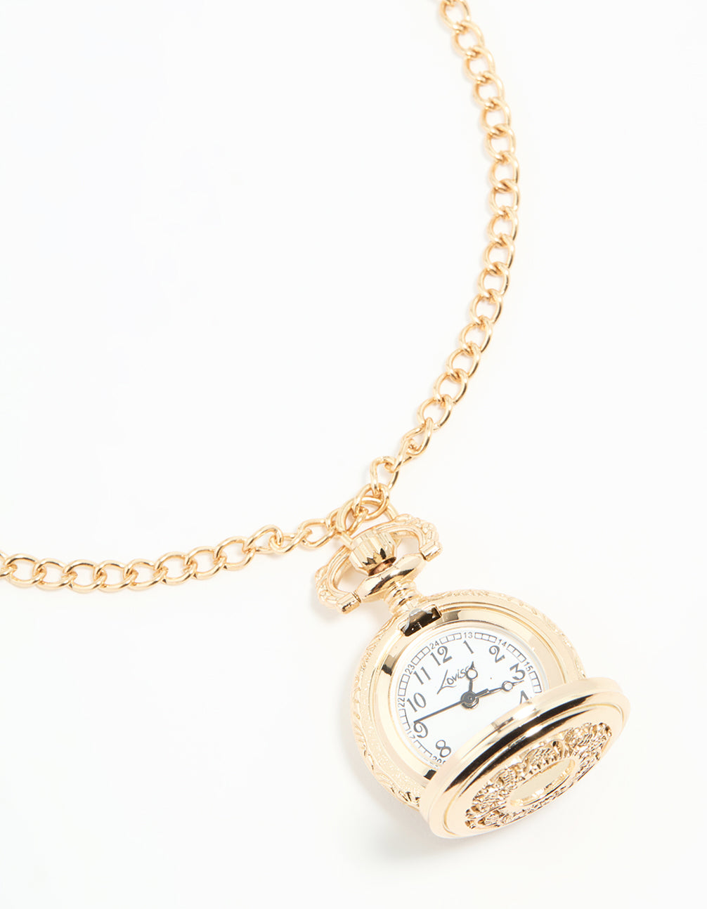 Beautifully designed gold vintage pocket watch necklace for women featuring white dial, round shape, numbers, analog display, casual look, statement style and pendant feature watch face detail view