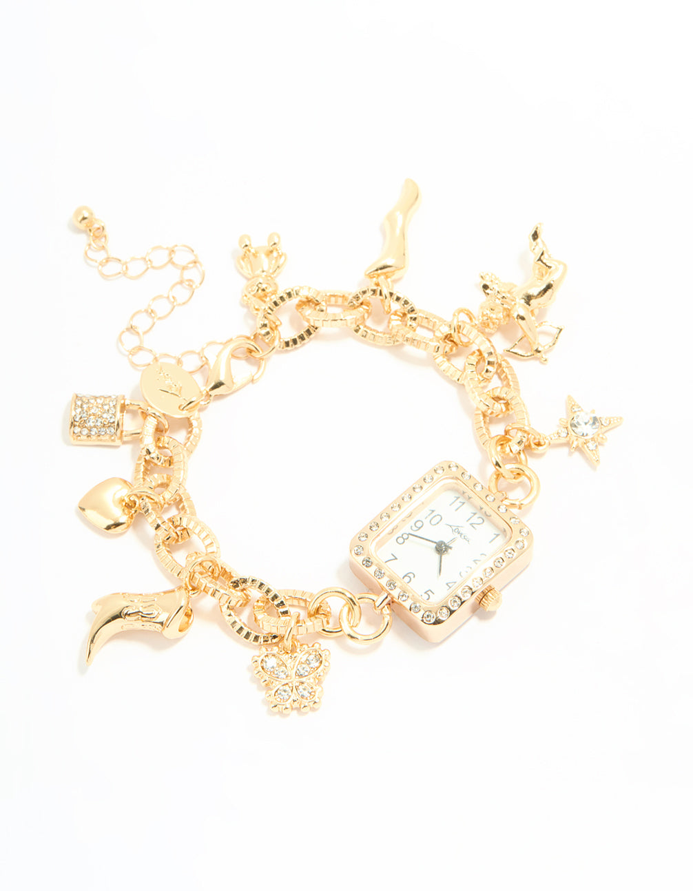 Showcasing a gold diamante watch and chilli charm bracelet with celestial star, heart, floral, padlock details, featuring white dial, number look, rectangle shape, link band strap, designed for women, casual occasion, statement style accessory front view