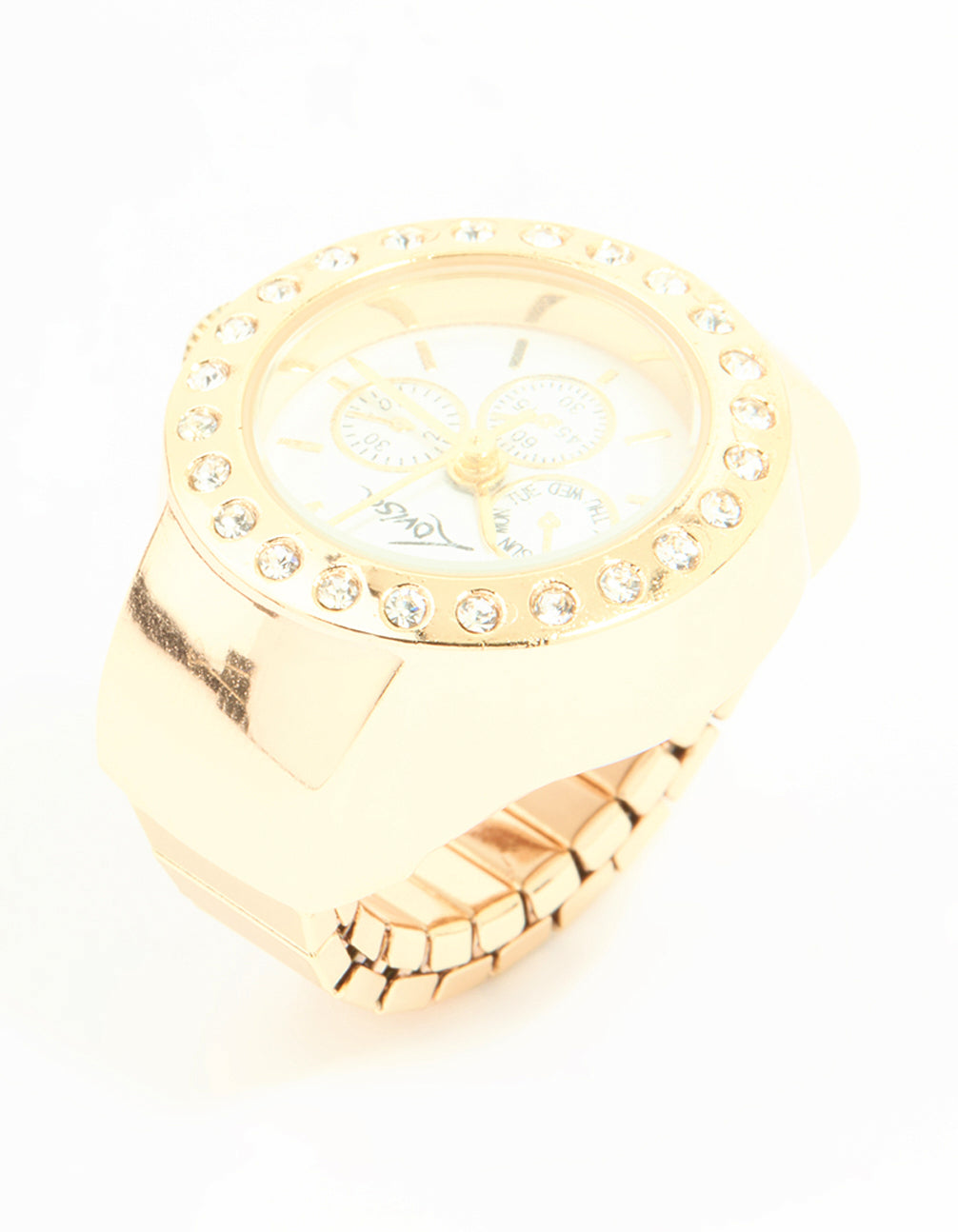 Elegant gold diamante chronograph watch ring, stone look white dial, round shape, for women designed for casual occasions and statement accessories front view