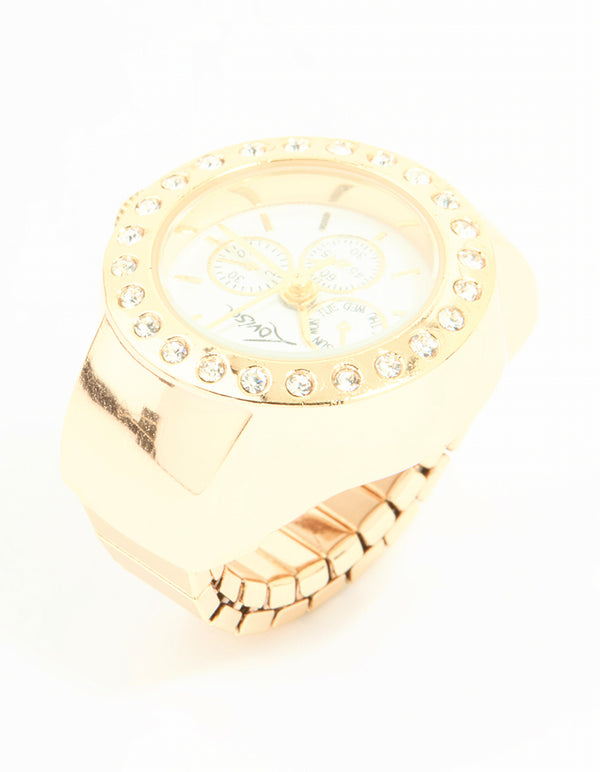 Gold Diamante Chronograph Watch Ring