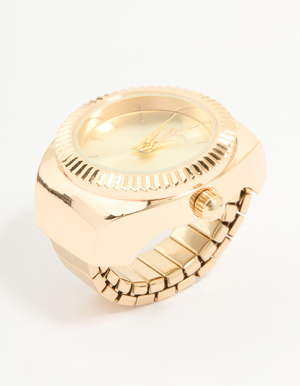 Showcasing a statement gold watch ring for women with fluted bezel, gold dial, round shape, analog casual design front view