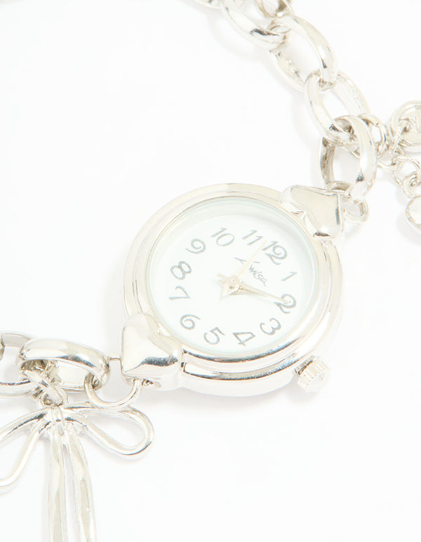 Silver Watch & Bow Charm Bracelet