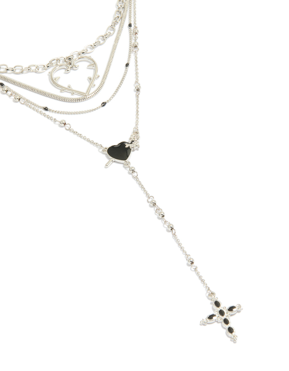 Showcasing a layered necklace with beads, cross and heart in silver front view