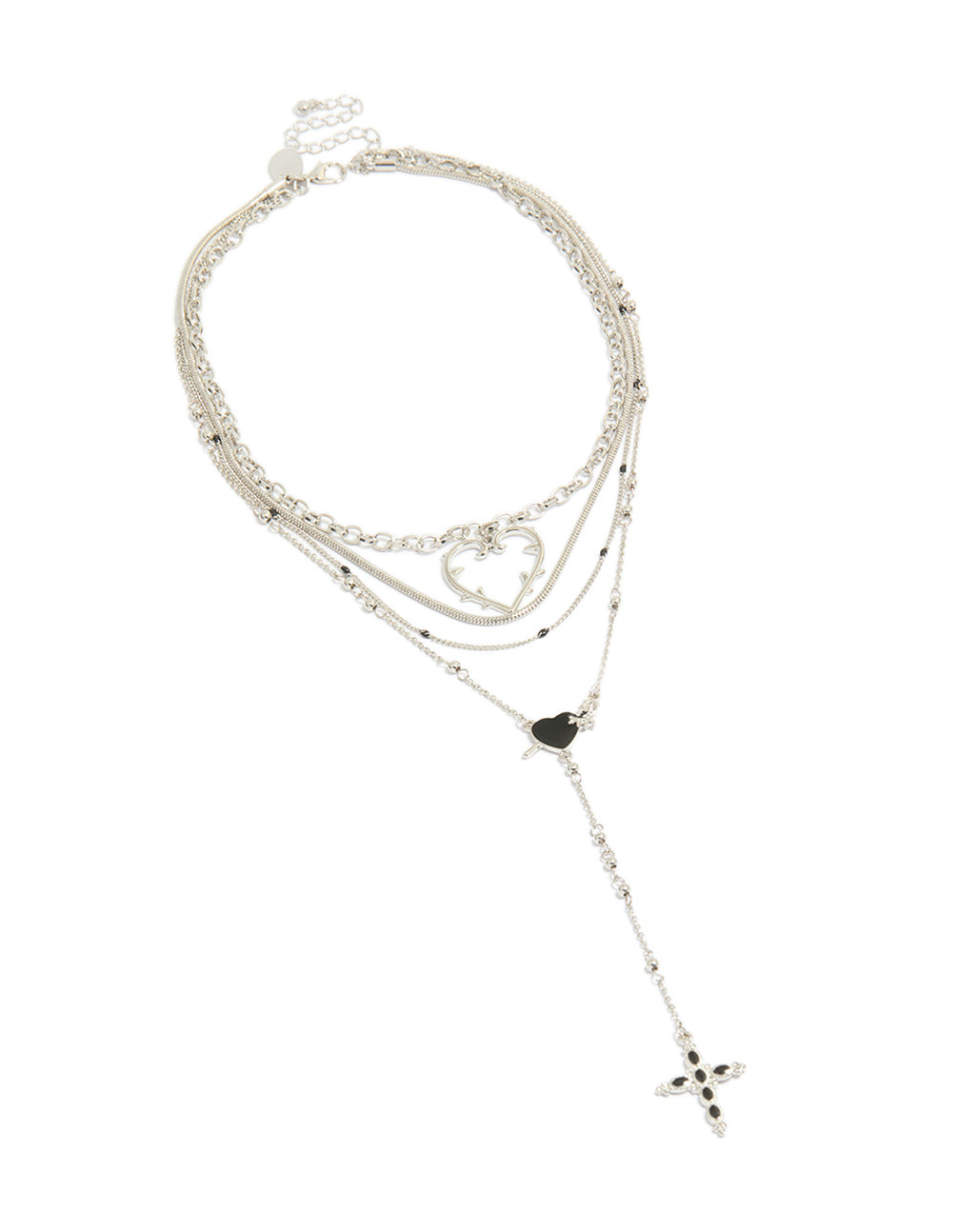 Featuring a layered necklace with beads, cross and heart in silver close up view
