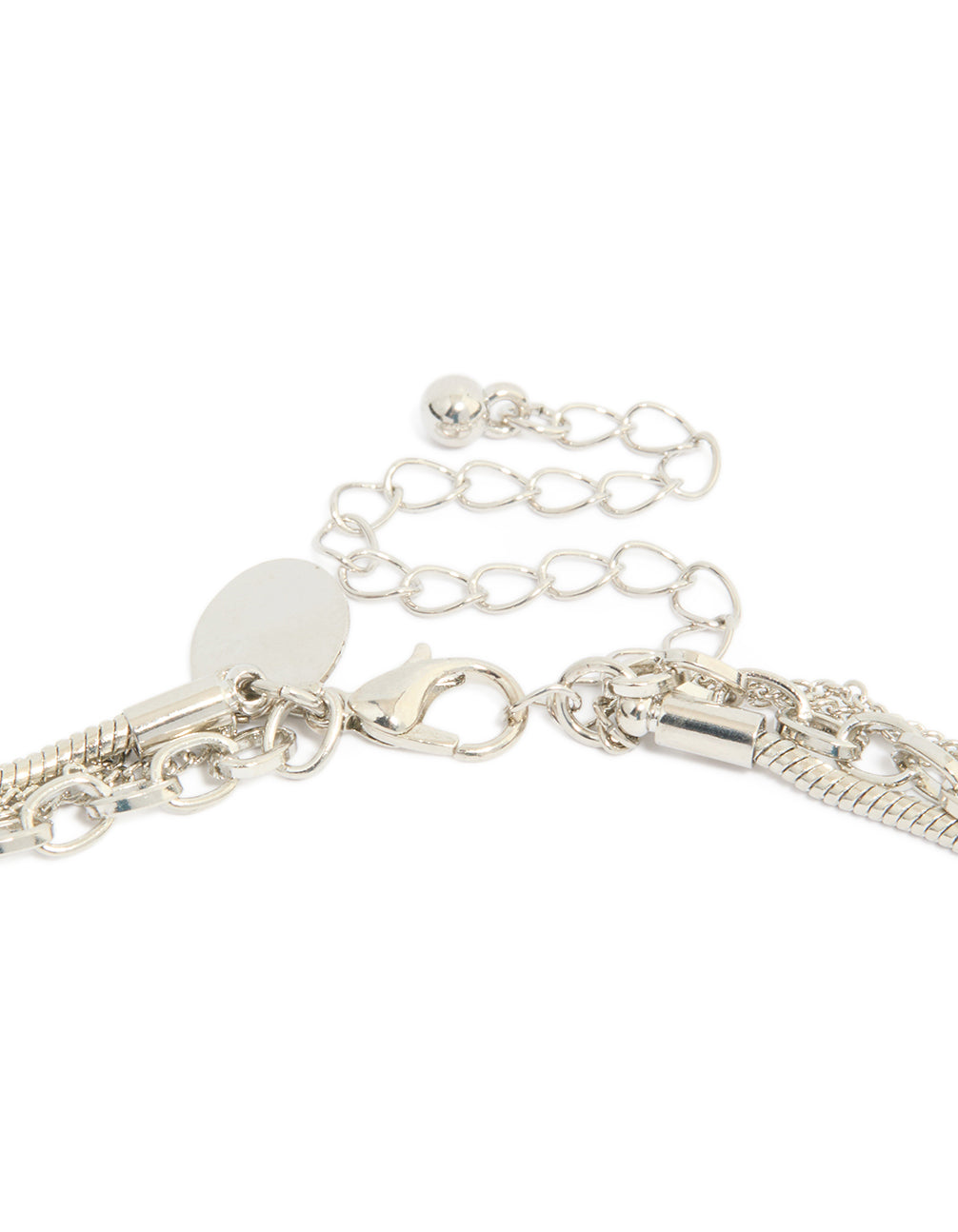 Beautifully designed layered necklace with beads, cross and heart in silver clasp detail view