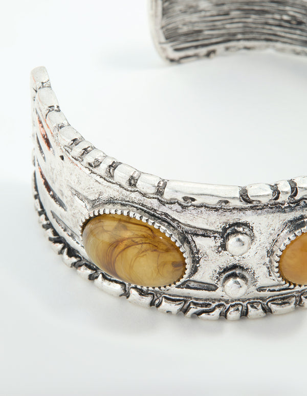 Antique Silver Rustic Stone Cuff Bangle