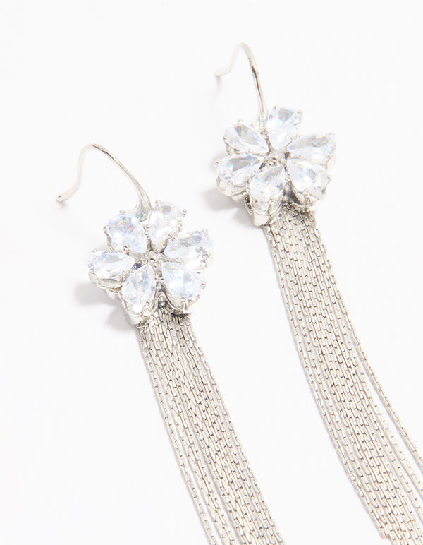 Silver Cubic Zirconia Flower Drop Earrings